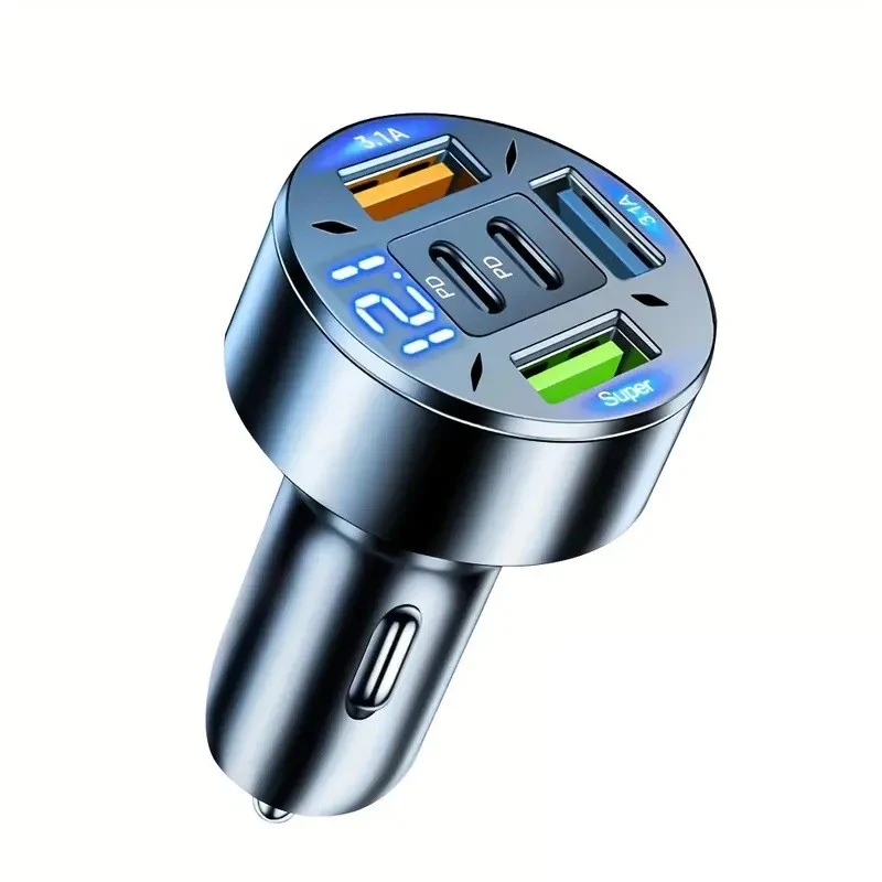 5 az 1-ben autós töltő, Vivimall, 3 x USB Fast Charge QC3.1 port és 2 x Type C, PD 65W, Fekete