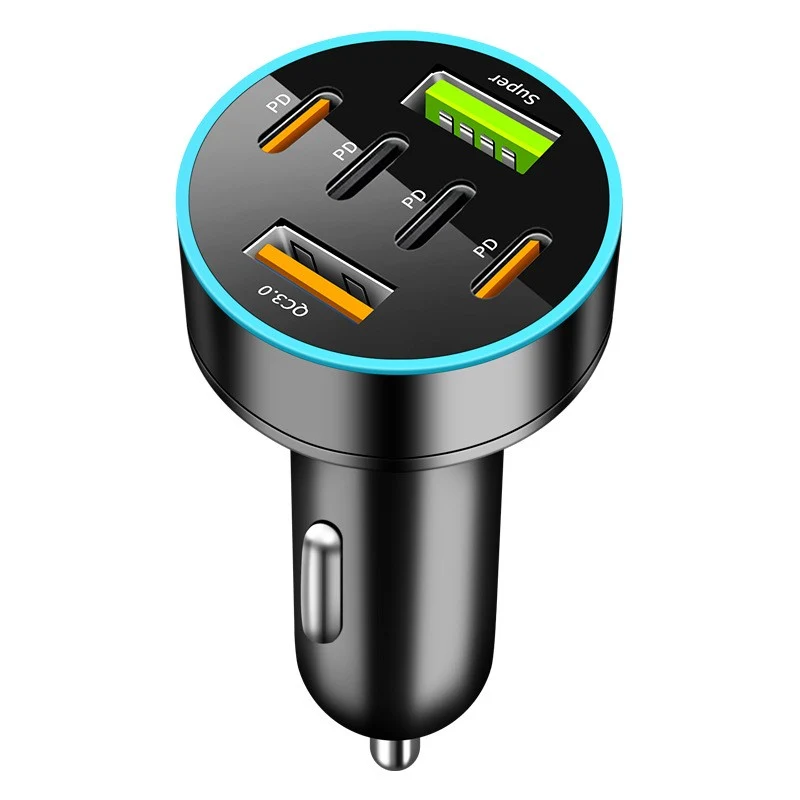 6 az 1-ben autós töltő, Vivimall, 2 x USB gyorstöltő port QC3.0 és 4 x C típusú, PD 65W, fekete