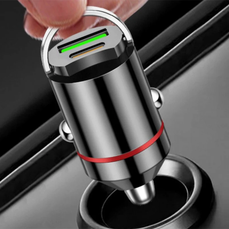 Autós töltő 2 az 1-ben, Vivimall, ötvözet, TYPE-C port, USB port, 100 W, fém húzógyűrű, gyakorlatilag láthatatlan, ultragy...