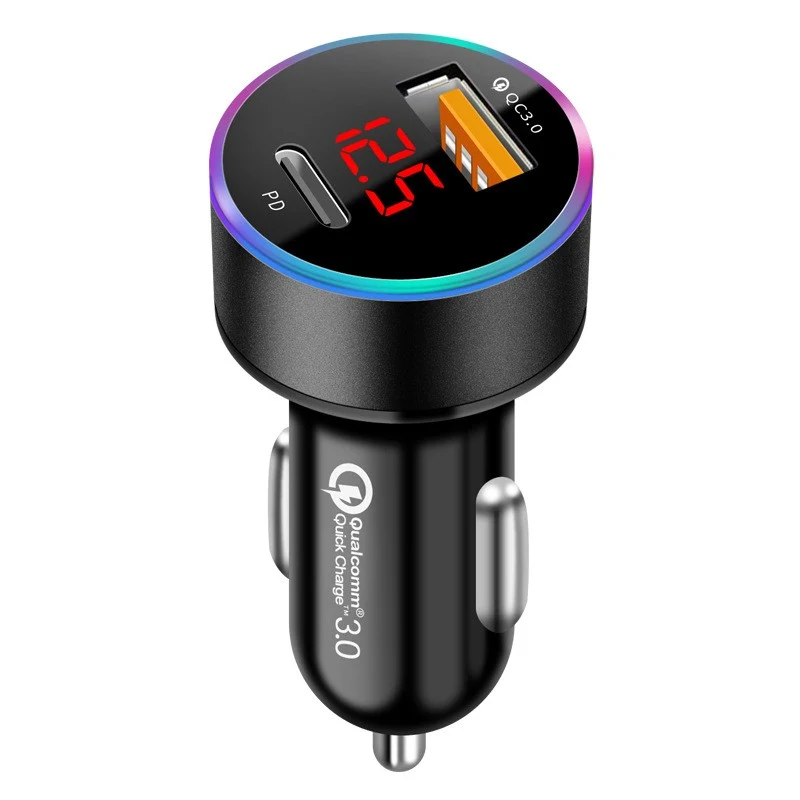 Vivimall autós töltő 2 az 1-ben, USB gyorstöltő QC3.0 és Type C port, PD 20W, fekete