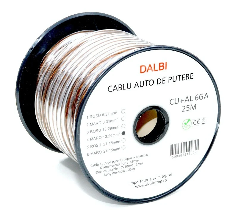 Autó tápkábel barna CU+AL 6GA 7,8mm, 25m/tekercs