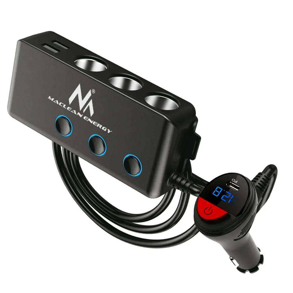 Autószivargyújtó aljzat elosztó, feszültségmérő, 3 szivargyújtó aljzat, 1xQuick Charge 3.0, 3xUSB 6,8A, 1x Power Delivery...
