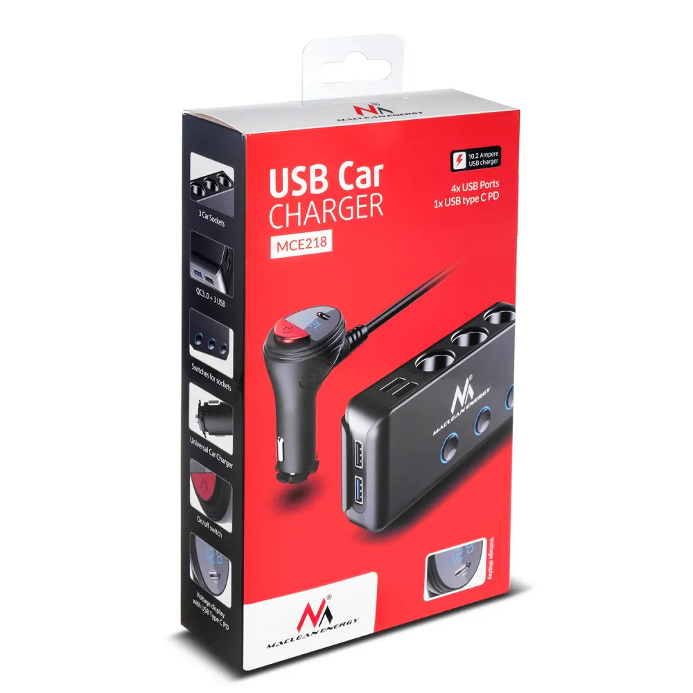 Autószivargyújtó aljzat elosztó, feszültségmérő, 3 szivargyújtó aljzat, 1xQuick Charge 3.0, 3xUSB 6,8A, 1x Power Delivery...