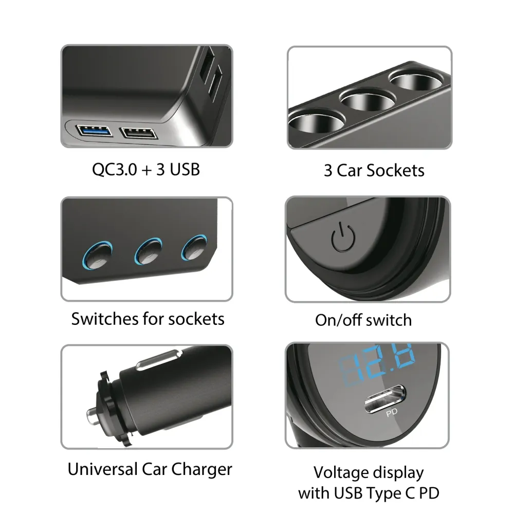 Autószivargyújtó aljzat elosztó, feszültségmérő, 3 szivargyújtó aljzat, 1xQuick Charge 3.0, 3xUSB 6,8A, 1x Power Delivery...