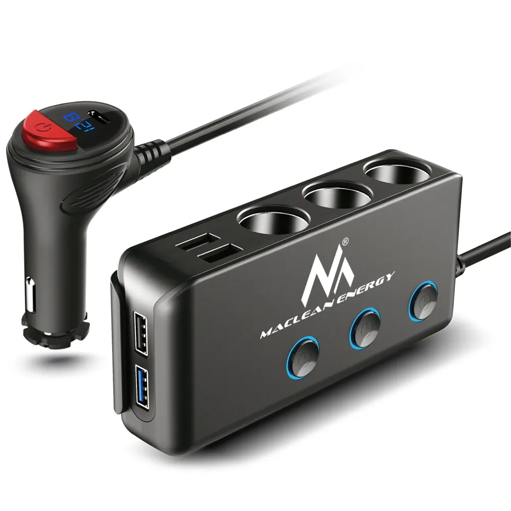 Autószivargyújtó aljzat elosztó, feszültségmérő, 3 szivargyújtó aljzat, 1xQuick Charge 3.0, 3xUSB 6,8A, 1x Power Delivery...