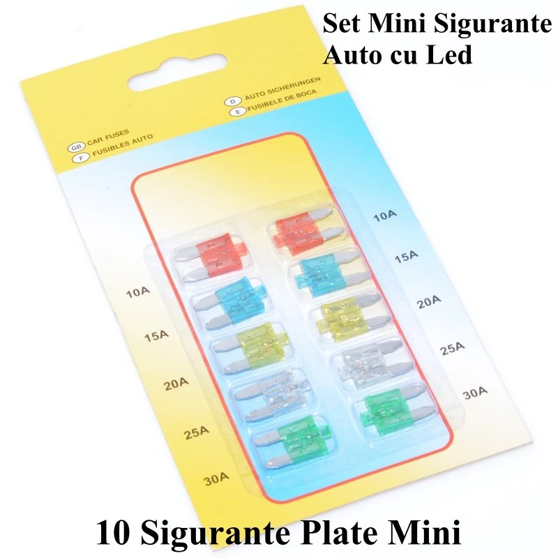 10 db-os mini autóbiztosíték készlet LED-del