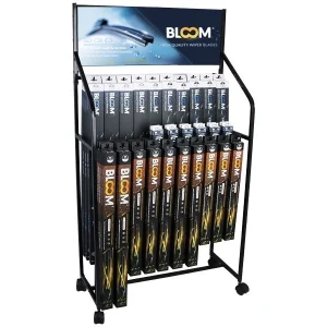Lapos ablaktörlő lapátok készlete BLOOM U MIX U + Multifit 10 adapterrel, 90 db + Új adapterek + álló kijelző kerekekkel