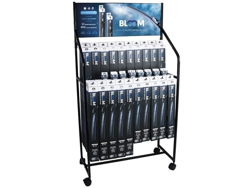 Lapos ablaktörlő lapátok készlete BLOOM U Multifit 10 adapterrel, 90 db + új adapterek + kerekekkel ellátott álló display