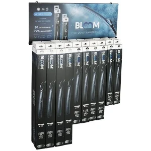 Lapos ablaktörlő lapátok készlete BLOOM U Multifit 10 adapterrel, 40 db + felfüggesztett kijelző