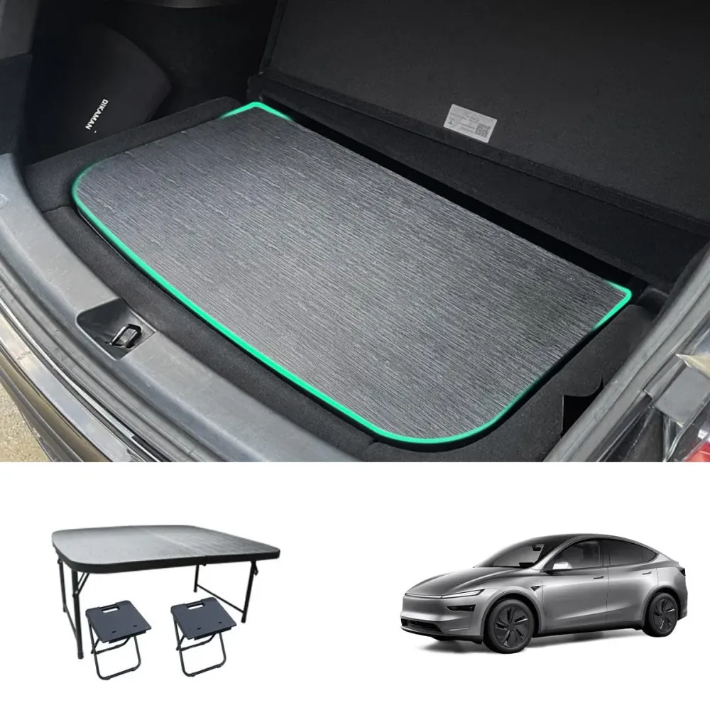 Továbbfejlesztett kemping összecsukható asztal utazó- és csomagtartó tároló Tesla Model Y Juniper 2025+-hoz