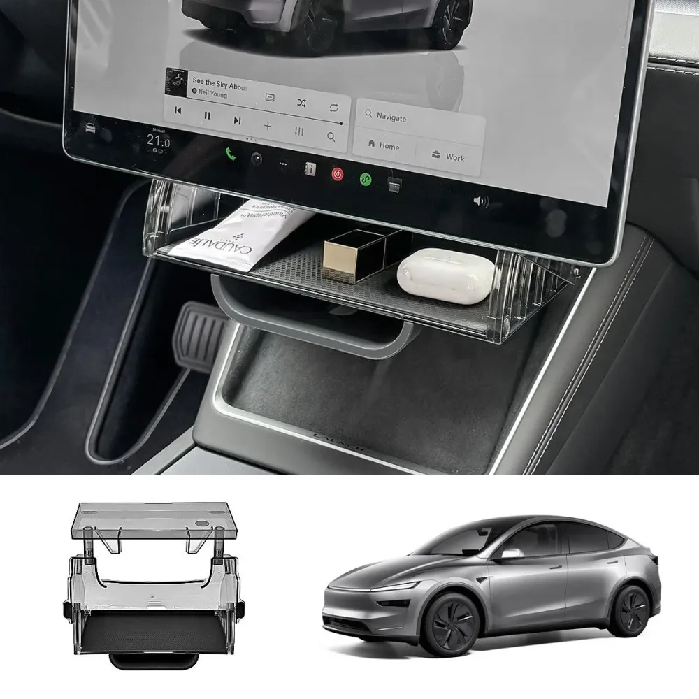 Központi vezérlőképernyő alatt rejtett tárolódoboz tálcával Tesla Model Y Juniper 2025+-hoz