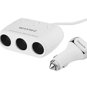 WAYME 3 csatlakozós szivargyújtó elosztó 12/24V kapcsolókkal + 2x USB QC3.0 + 2x USB 3.6A, kábel 120 cm